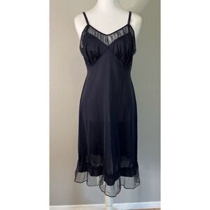 Vintage 60s-70s Charmode Navy Blue Nylon Full Slip Sheer Mesh Ruffle Lingerie 36